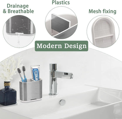 Bamboo Toothbrush Holder for Bathrooms Toothpaste Organizer, Small, White | 2 Slots, Easy to Clean, Plastic, Kids Electric Toothbrush, Drainage, Removable, For Bathroom, Vanity, Kitchen Sink, Office