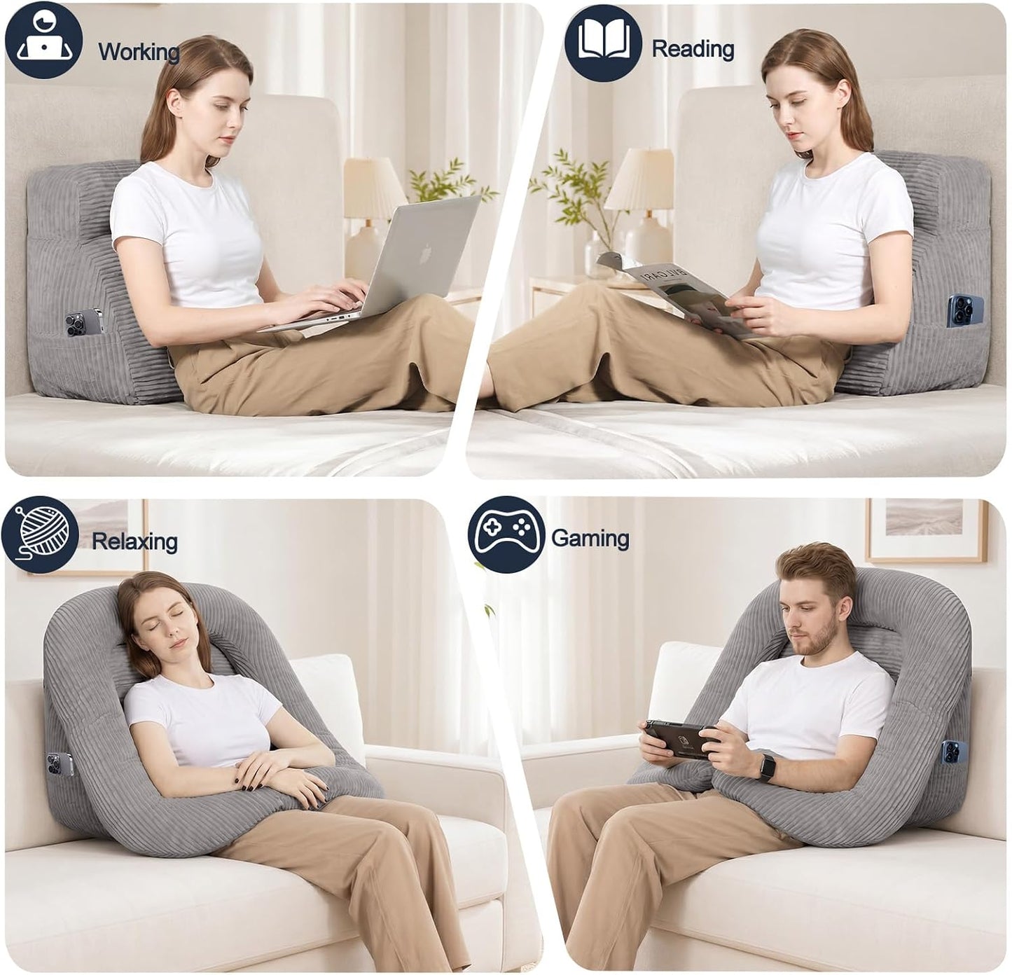 Reading Pillow for Bed, Backrest Pillow with Arms for Adult | Bed Pillow for Sitting Up, Back Support Pillows for Sleeping, Reading and Gaming with Shredded Memory Foam, Gray