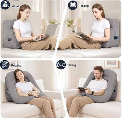 Reading Pillow for Bed, Backrest Pillow with Arms for Adult | Bed Pillow for Sitting Up, Back Support Pillows for Sleeping, Reading and Gaming with Shredded Memory Foam, Gray