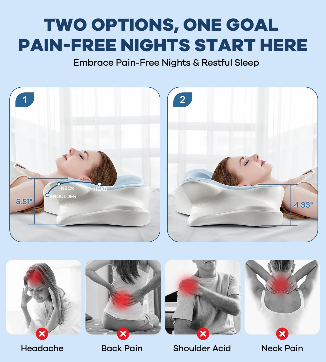 DONAMA Contour Cervical Neck Pillow for Neck Pain Relief | Queen,Ergonomic Dual-Height,Odorless Memory Foam,Side/Back/Stomach Sleepers,Cooling Hypoallergenic Cover,OEKO-TEX Certified