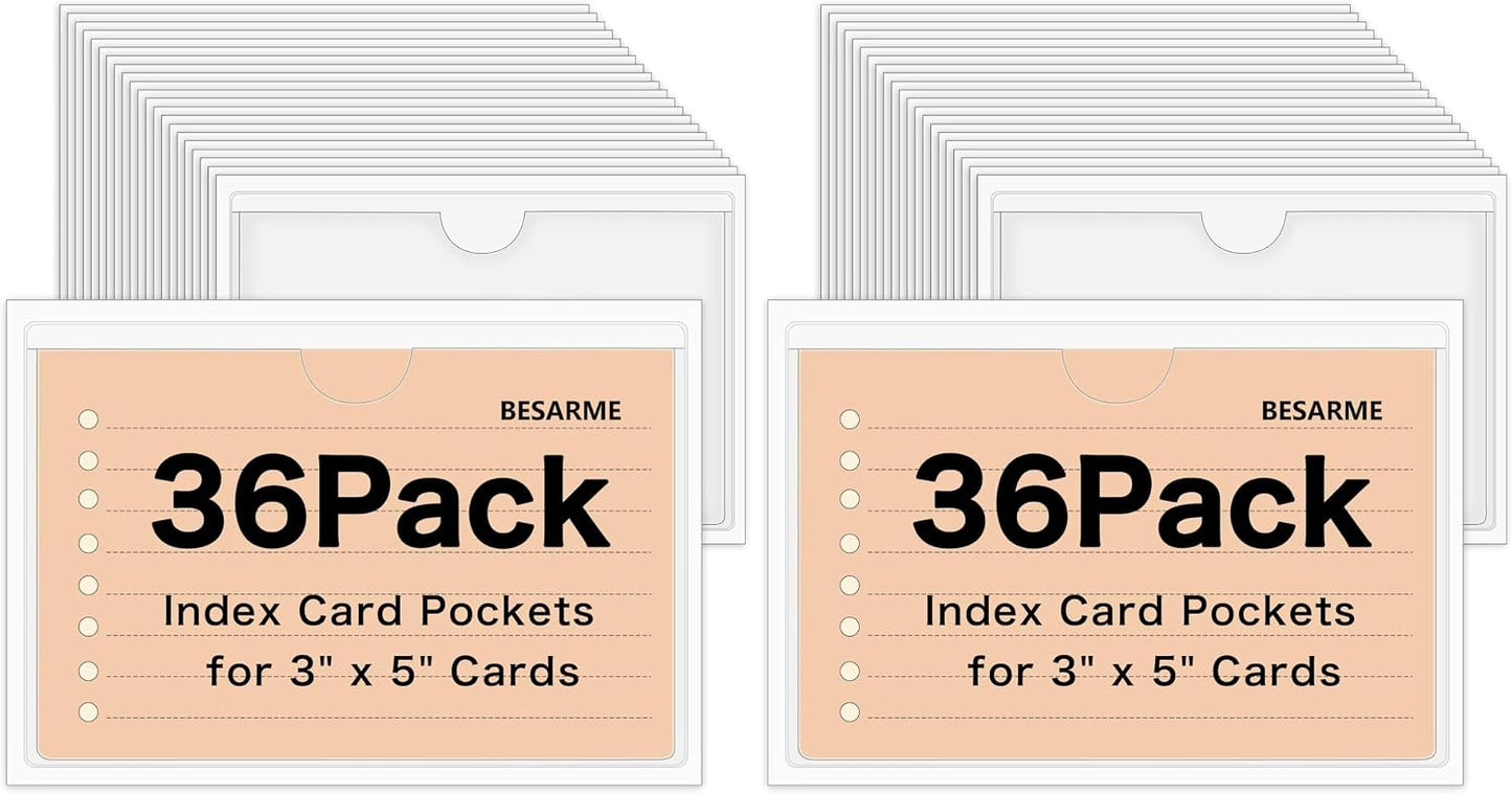 36 Pack 3" x 5" Adhesive Index Card Holders Clear PVC Label Holders | Top-loading label pockets, removable adhesive, clear PVC, for bins, shelves, totes, library and office use