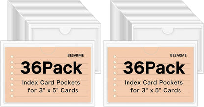 36 Pack 3" x 5" Adhesive Index Card Holders Clear PVC Label Holders | Top-loading label pockets, removable adhesive, clear PVC, for bins, shelves, totes, library and office use