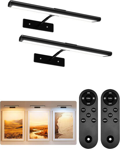 EZVALO Picture Light for Wall, 4800mAh Rechargeable Wireless Gold Light with IR Remote, Dimmable Magnetic LED Art Display Light with 3 Color Temperatures, for Gallery, Living Room, Bedroom(2Pack)