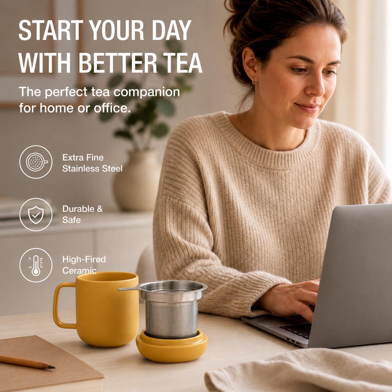 Tealyra - Sumo Porcelain Loose Tea Steeping Mug - 15oz/450 ml Ceramic Tea Cup with Infuser and Lid/Coaster - Extra Fine Stainless Steel Infusion Strainer - For Home or Office - Yellow