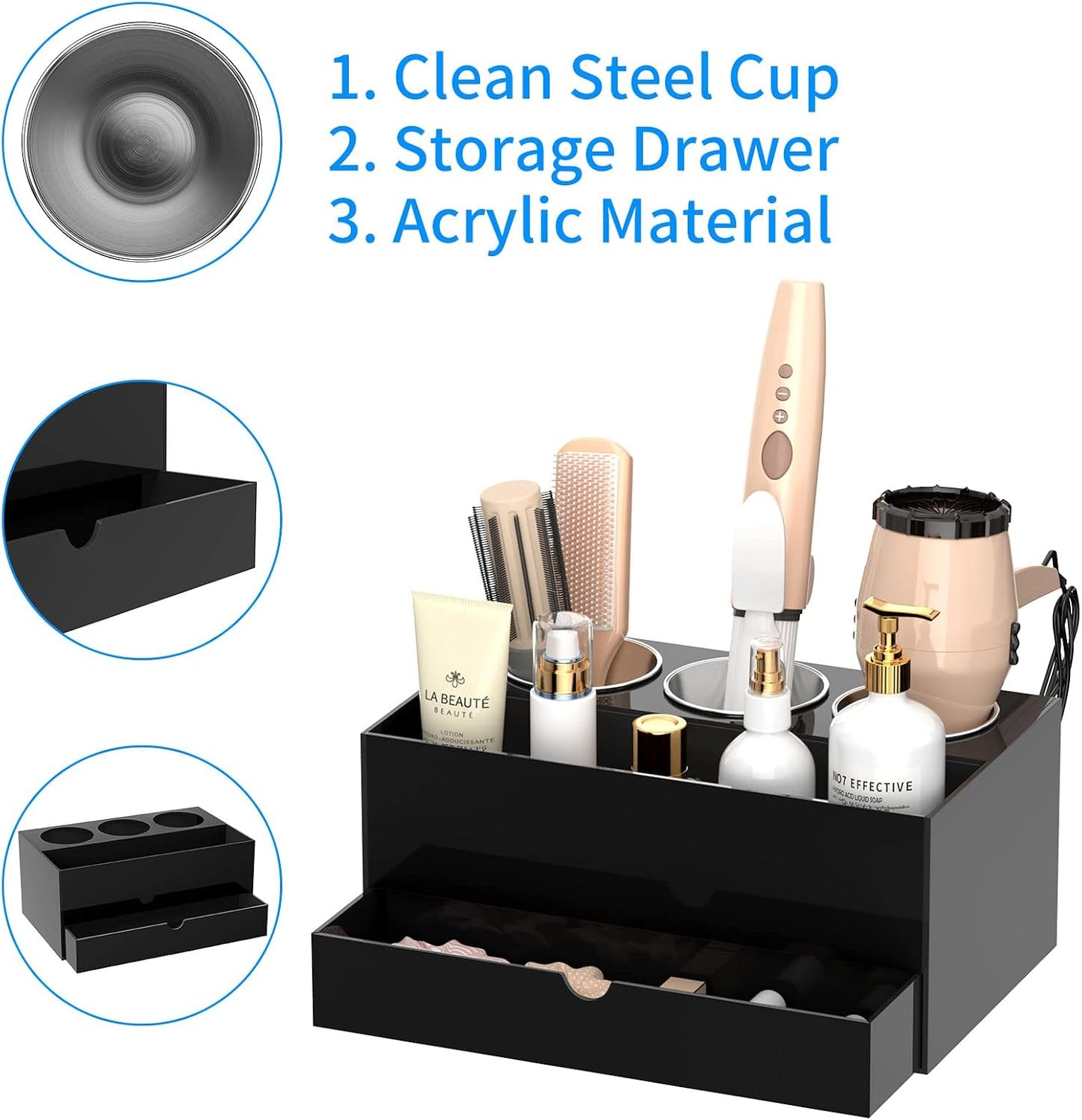 NIUBEE Acrylic Hair Tool Organizer,Hair Dryer Holder Countertop with 3 Cups | Clear, Hot Tools Organizer, Hair Blow Dryer Organizer for Curling Iron, Brush, Straightener, Makeup,Skincare,Vanity, Bathroom