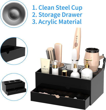 NIUBEE Acrylic Hair Tool Organizer,Hair Dryer Holder Countertop with 3 Cups | Clear, Hot Tools Organizer, Hair Blow Dryer Organizer for Curling Iron, Brush, Straightener, Makeup,Skincare,Vanity, Bathroom