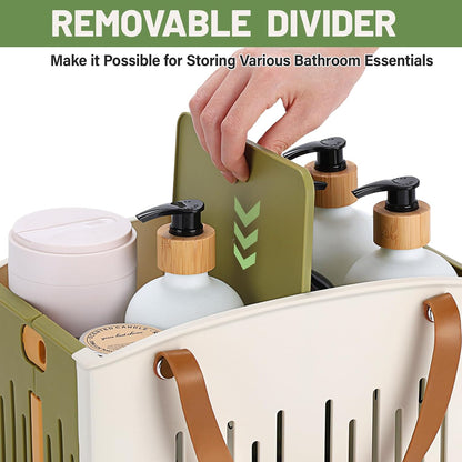 Portable Shower Caddy Collapsible Plastic Shower Basket Tote with Handles Removable Divider, Cleaning Caddy Storage Organizer for Bathroom College Dorm (White)