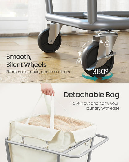 SONGMICS Laundry Basket with Wheels, 3-Section Laundry Sorter, 76.6 Gallons (290 L) Rolling Hamper with Removable Bags, Heavy-Duty Steel Frame, Cream White, Dark Gray and Ink Black URLS010X01