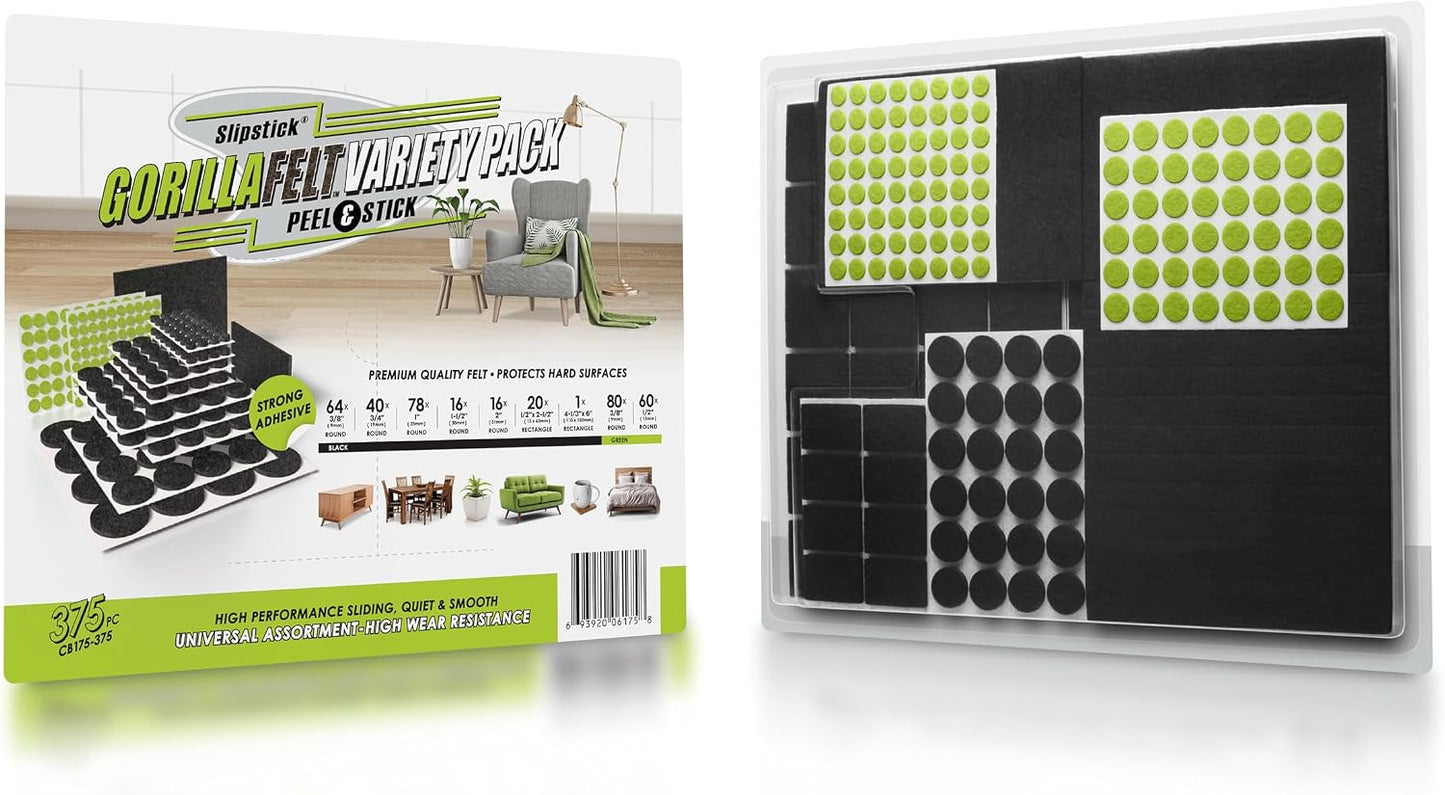 Slipstick Gorilla Felt Furniture Pads (189 Piece Variety Pack) Premium Furniture Pads & Chair Leg Floor Protectors for Hardwood Floors & Hard Surfaces