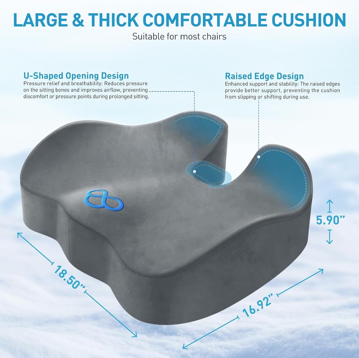 BlissTrends Memory Foam Seat Cushion for Office Chair & Car Seat, Black | 4.7in Ergonomic Tailbone & Sciatica Support with Removable Velvet Cover for Pressure Relief and Long Sitting Comfort