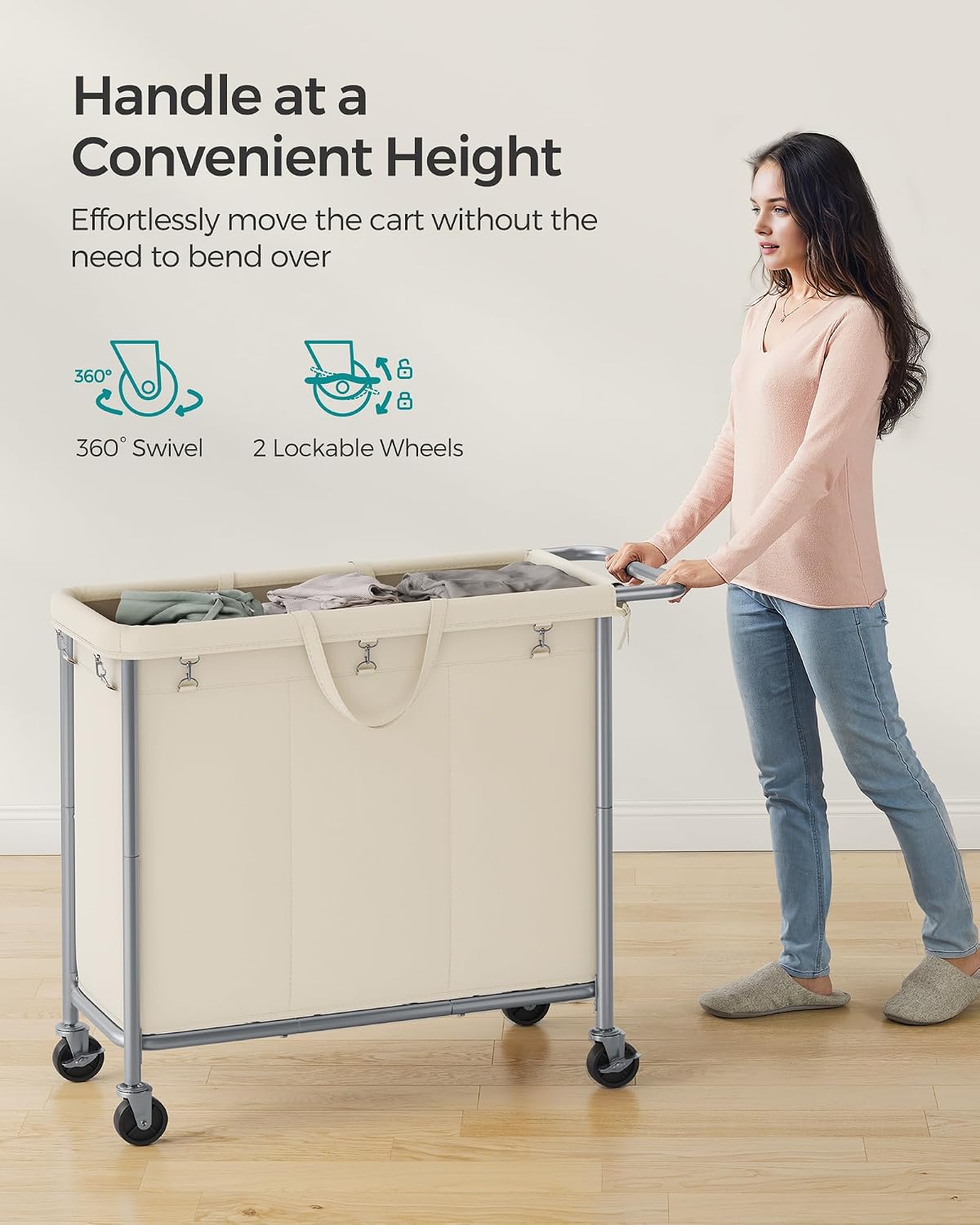 SONGMICS Laundry Basket with Wheels, 4-Section Rolling Laundry Hamper, 68.6 Gallons (260 L), Removable Liner, Steel Frame with Handle, 43.3 x 15.4 x 31.9 Inches, Cream White URLS014W01