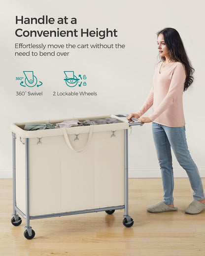 SONGMICS Laundry Basket with Wheels, 4-Section Rolling Laundry Hamper, 68.6 Gallons (260 L), Removable Liner, Steel Frame with Handle, 43.3 x 15.4 x 31.9 Inches, Cream White URLS014W01