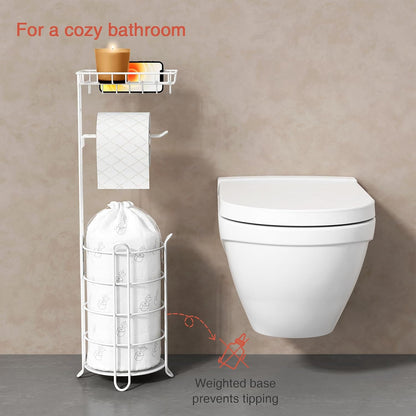 Goozii Gold Free Standing Toilet Paper Holder Stand with Phone Shelf, Floor Bathroom Tissue Holder for Large Mega Rolls, Metal Freestanding Toilet Paper Roll Holder with Wipes Storage Tray