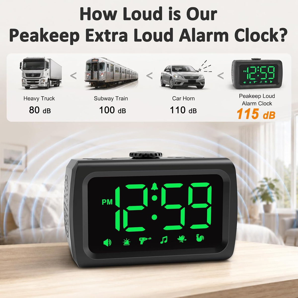 Peakeep 115dB Super Loud Alarm Clock for Heavy Sleepers Adults Teens
