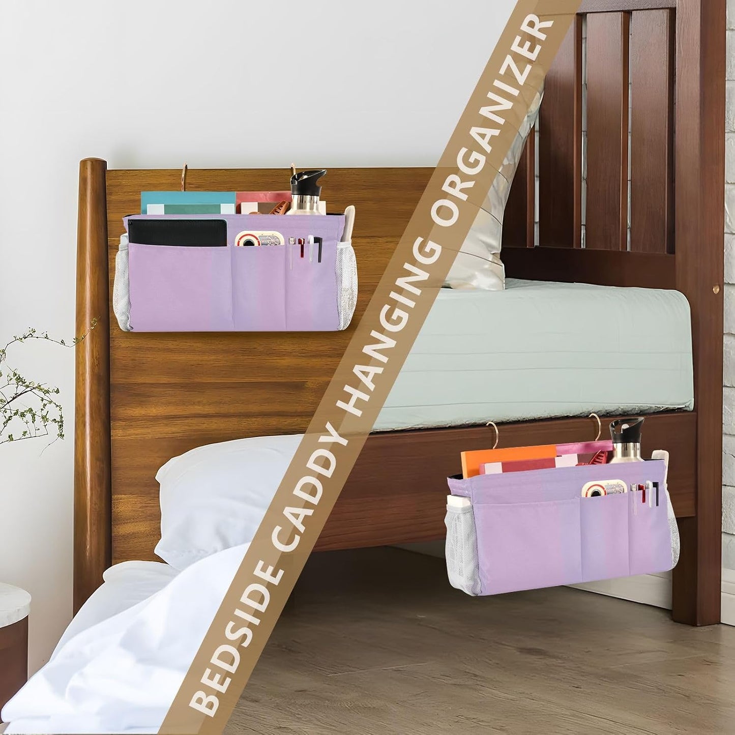 YETTASBIN Purple Bedside Caddy Hanging Storage Organizer Bag with 2 Straps & Hooks for Bunk Beds, College Dorm, Hospital Bed - Holder for Books, Phone, Magazine, Glasses, Keys