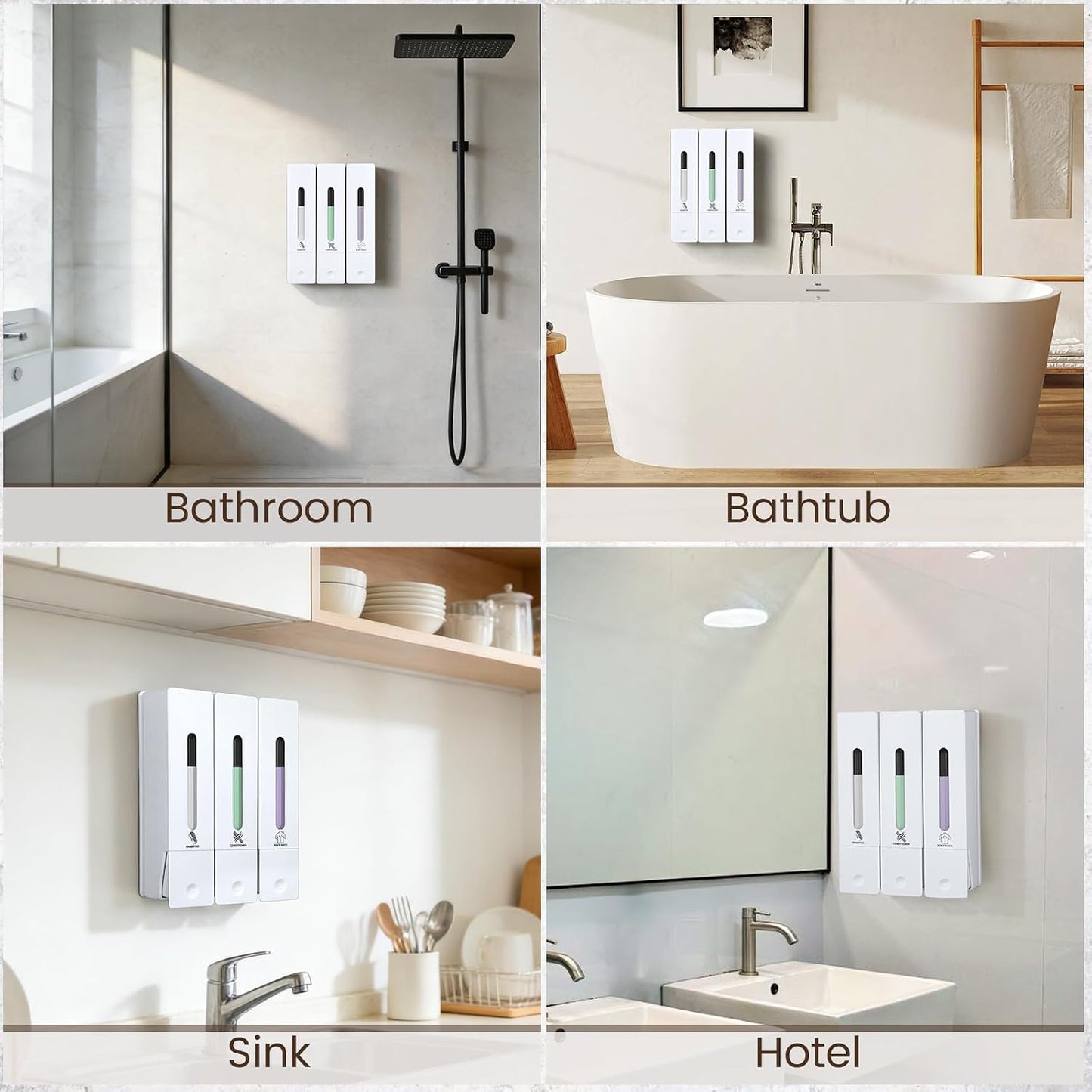 3 Chamber Shampoo and Conditioner Dispenser Set, No Drill Shower Soap | Refillable wall-mounted bottles, BPA-free. 3x400ml. Dispenses shampoo, conditioner,body wash, soap, lotion, gel. Black.