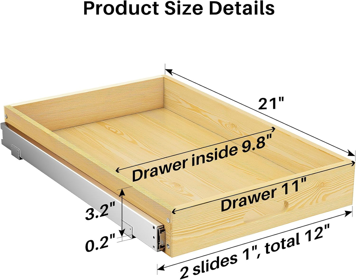 Pull Out Cabinet Organizer, Soft Close Wooden Slide Out Drawers for Pots and Pans, Full-extension Roll Out Shelves for Kitchen Cabinets, Pantry Organization, Bottom & Side Mount(15"W X 21"D x 3.4''H)