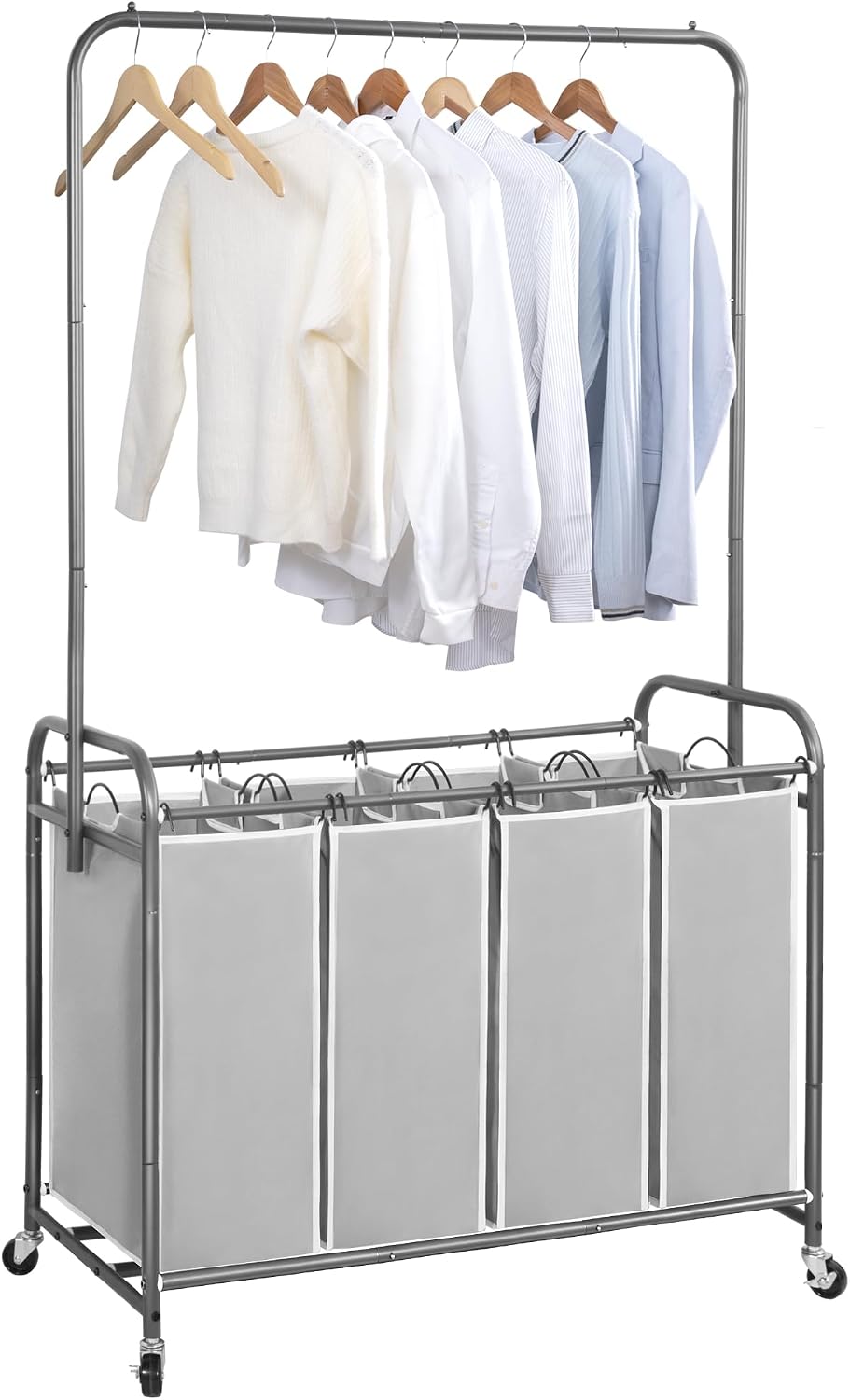 STORAGE MANIAC Laundry Sorter with Hanging Bar, Portable, Removable Laundry Hamper Cart with Heavy Duty Lockable Wheels and Removable Bags, Rolling Laundry Basket Organizer 181L, 4 Section Gray