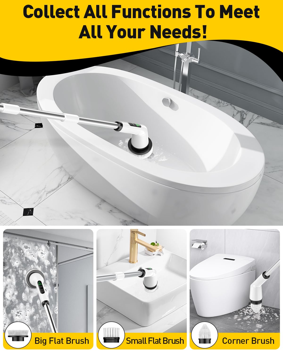 Electric Spin Scrubber for Bathroom, Shower Scrubber with Long Handle | Shower Cleaner Brushes, IPX7 Waterproof & 2 Speed, 3 Brush Heads, 90min Runtime, Bathroom Cleaning Supplies for Toilet Tub