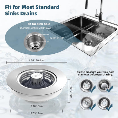 Hibbent 3 in 1 Kitchen Sink Drain Strainer, Metal Pop Up Stopper | Larger Anti-Clogging Basket, 3-Layer Seal, Detachable Sink Drain Plug for US Standard 3-1/2" Drain, Brushed Stainless Steel