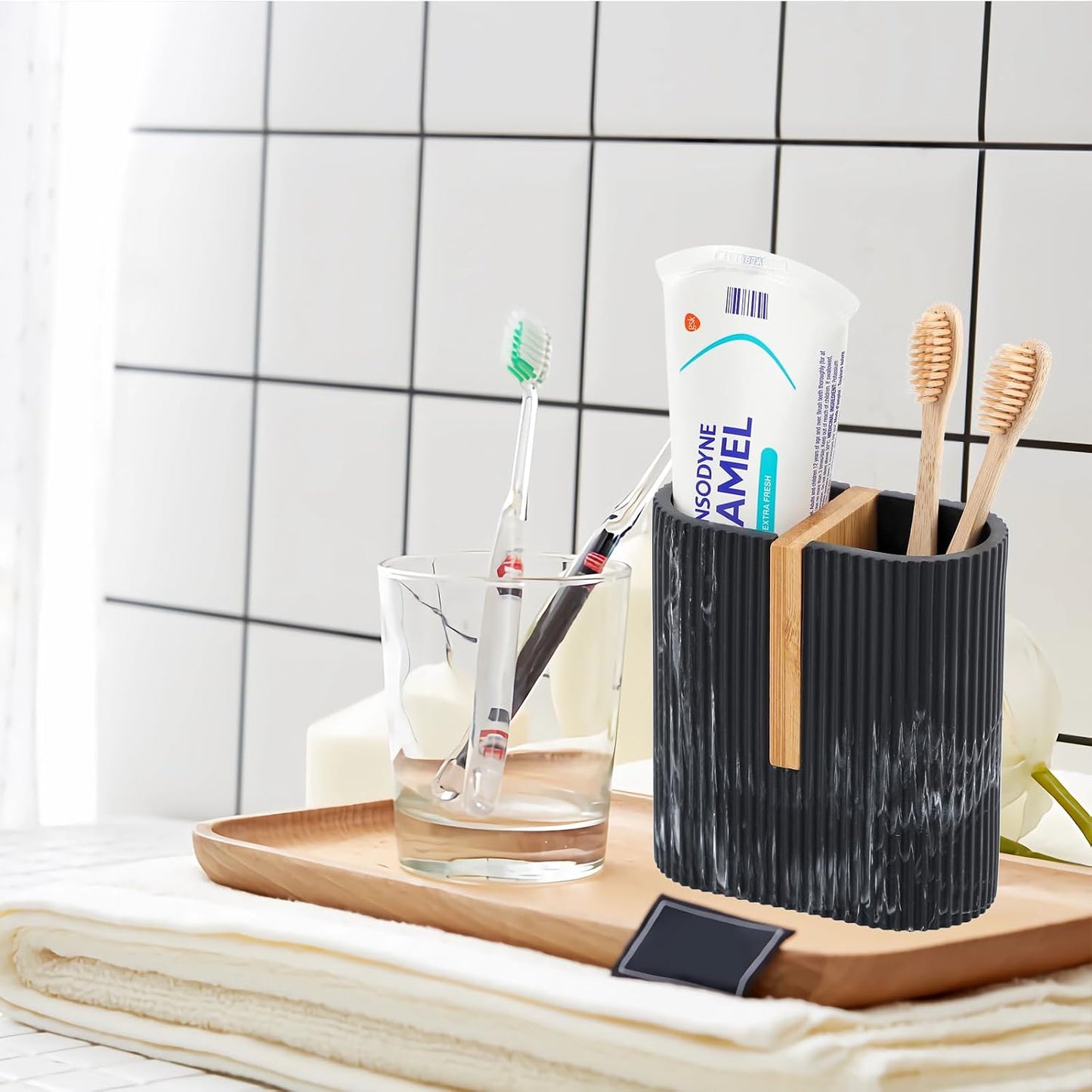 Toothbrush Holders for Bathroom, Bamboo Electric Toothbrush Stand, White | Toothbrush and Toothpaste Organizer for Sink Countertop, Bathroom Storage Stand for Brushing Accessories