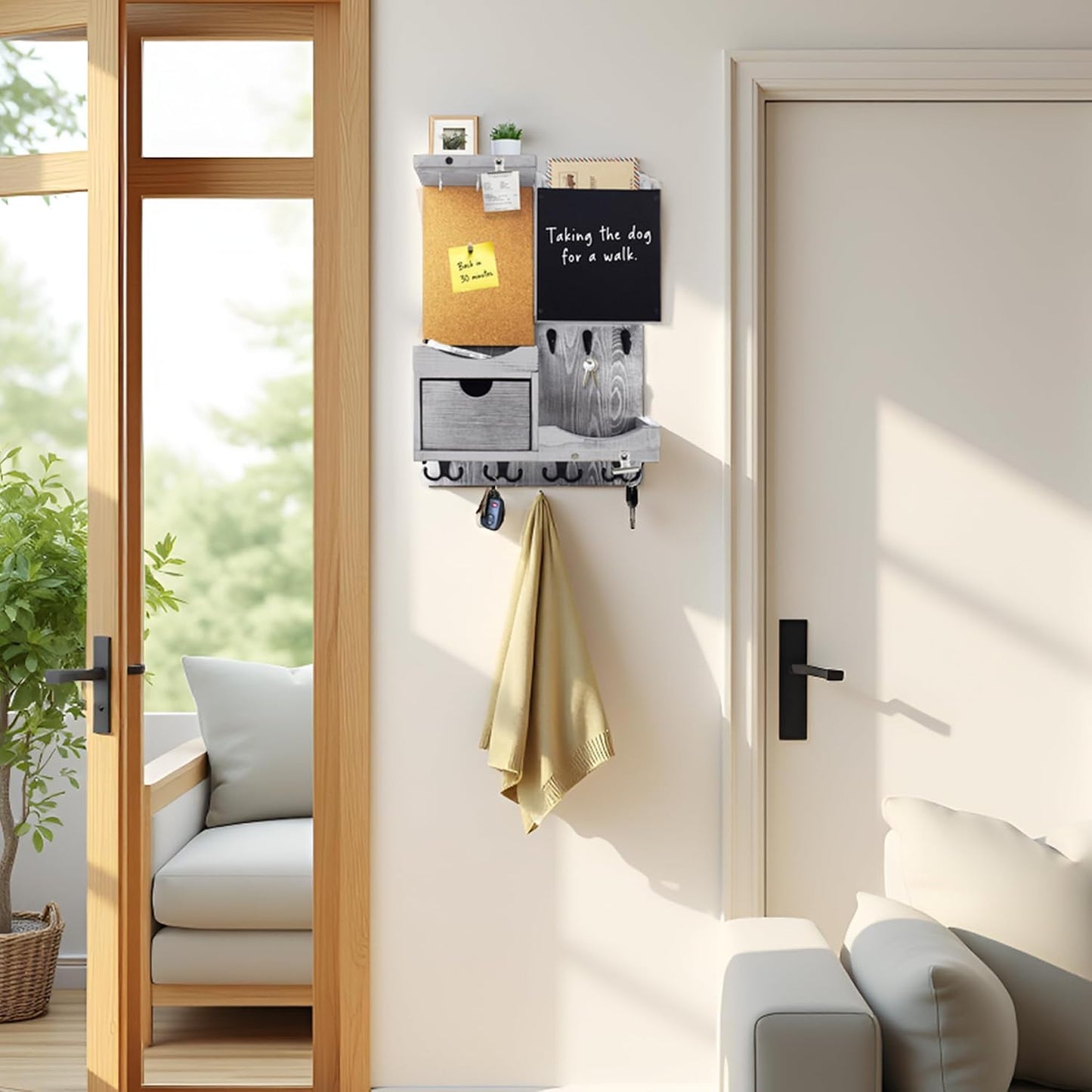 Key Holder for Wall Mount with Shelf and Mail Organizer, Key and Mail Holder with 16 Hooks, Farmhouse Entryway Organizer, Home Decor Rack (Pine Wood, White Washed)