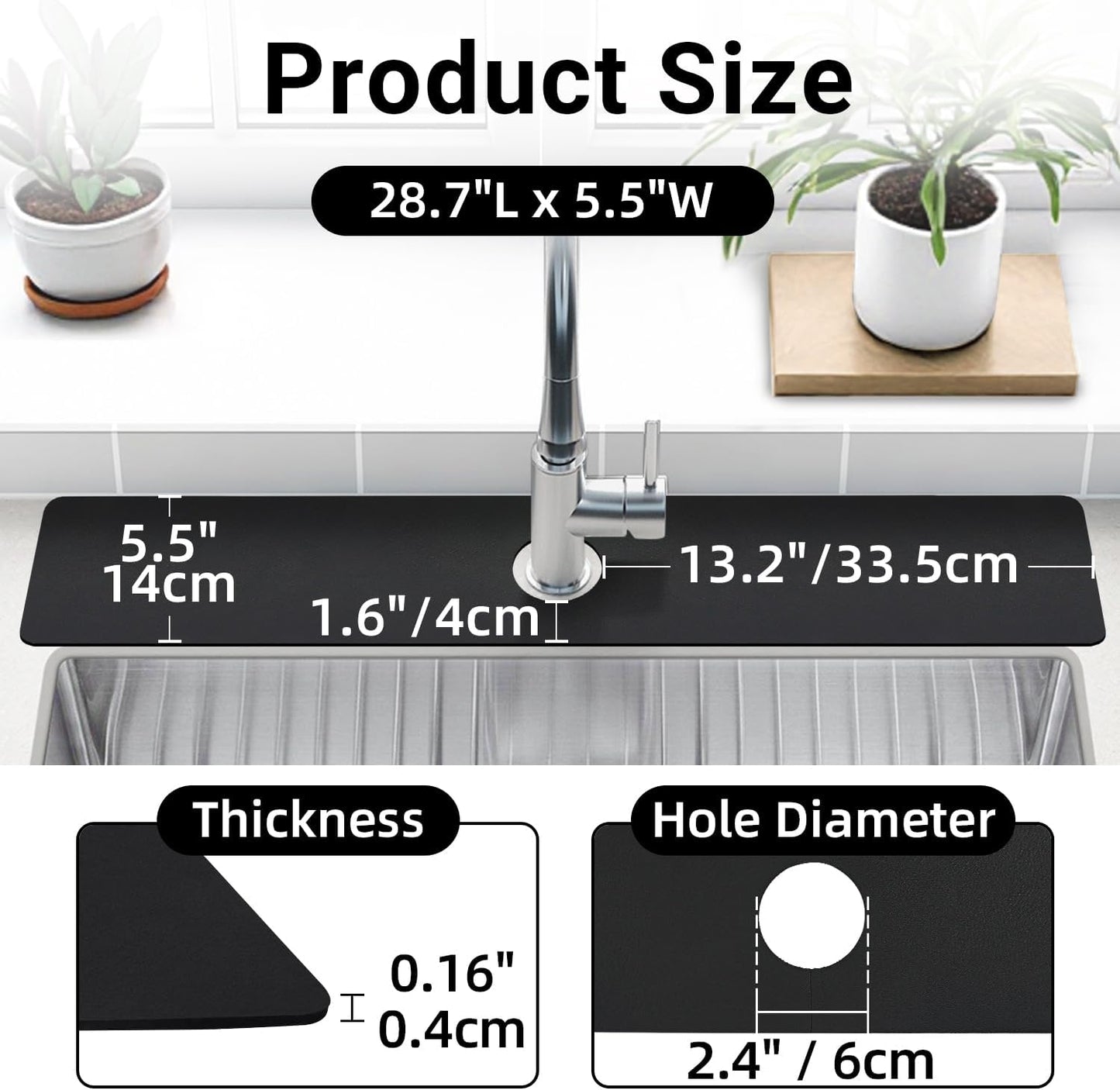 LOPNUR Cuttable Faucet Mat for Kitchen Sink, Extra Long 29 Inch, Black | Super Absorbent & Fast Dry Diatomite Sink Splash Guard, 0.8-2.4 Inch Adjustable Faucet Hole, Cut to Fit Bathroom & RV Sinks