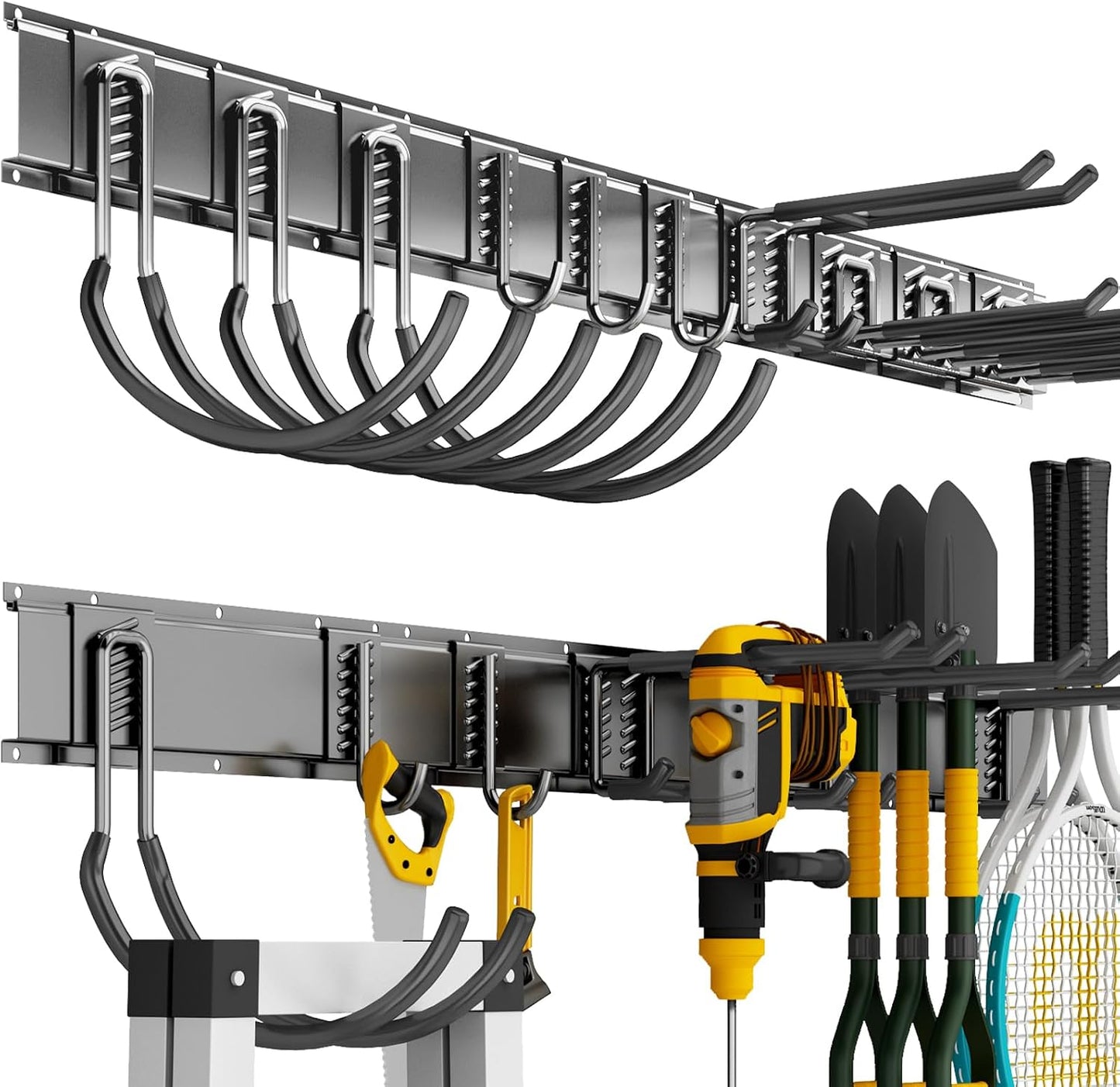 Garage Tool Organizer Wall Mount, 48 Inch Heavy Duty Garden Tool Organizer Storage System, Easy Install with 6 Adjustable Straight Hooks, for Garage, Basement, Shed, Workshop, Black, Steel