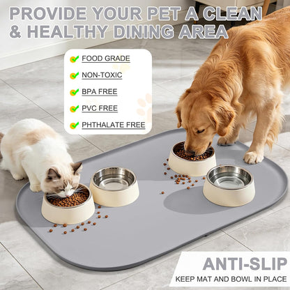 SMILOOL Waterproof Silicone Pet Food Mat with Raised Edge for Dog & Cat | 19" x 12" Non-Slip Pet Feeding Mats with Lip for Food & Water Bowl, Food Grade, Easy Cleaning, Black