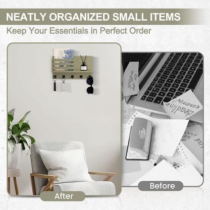 Key Holder Wall Mount, Mail Organizer for Wall with 5 Square Key Hooks | Key Holder for Wall, Key Holder with Shelf Farmhouse Home Decor for Home Entryway