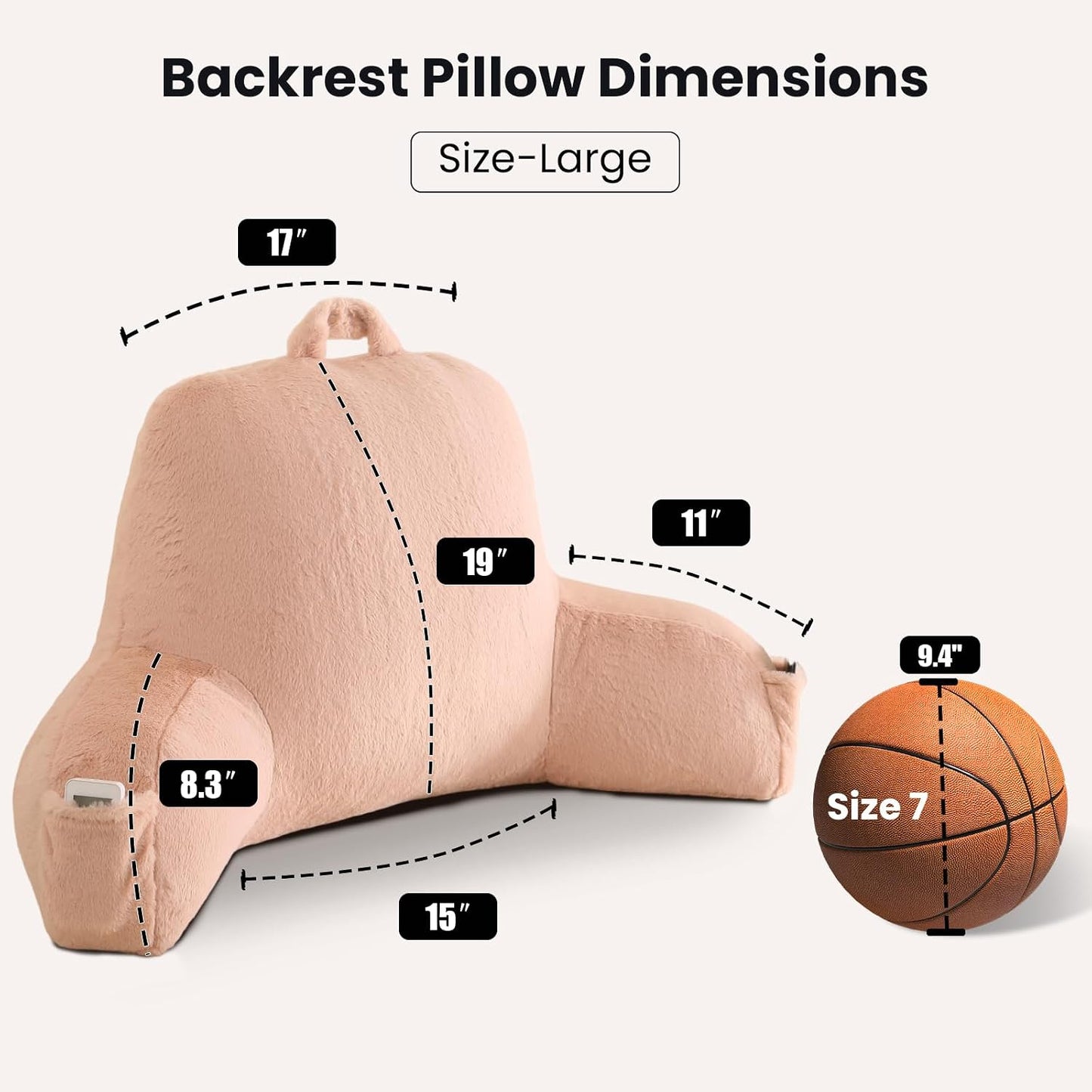 Reading Pillow with Arms for Sitting in Bed,Backrest,White Flannel,M | 17" Backrest Supports Back for College Students,Elbows & Forearms for Dorm Reading,Gaming,Watching TV