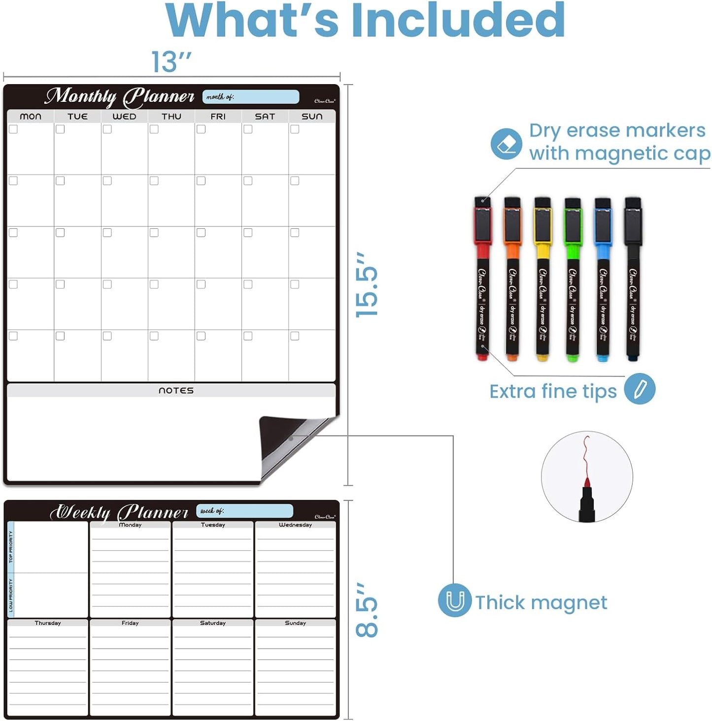 Magnetic Dry Erase Monthly Calendar Set - 15.5"x13" Monthly and 8.5"x13" Weekly Calendar for Fridge - 6 Extra Fine Point Markers Included - Shipped Flat