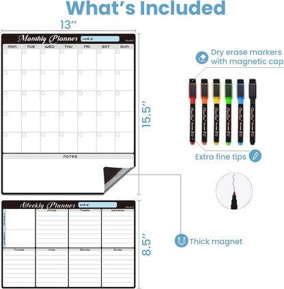 Magnetic Dry Erase Monthly Calendar Set - 15.5"x13" Monthly and 8.5"x13" Weekly Calendar for Fridge - 6 Extra Fine Point Markers Included - Shipped Flat