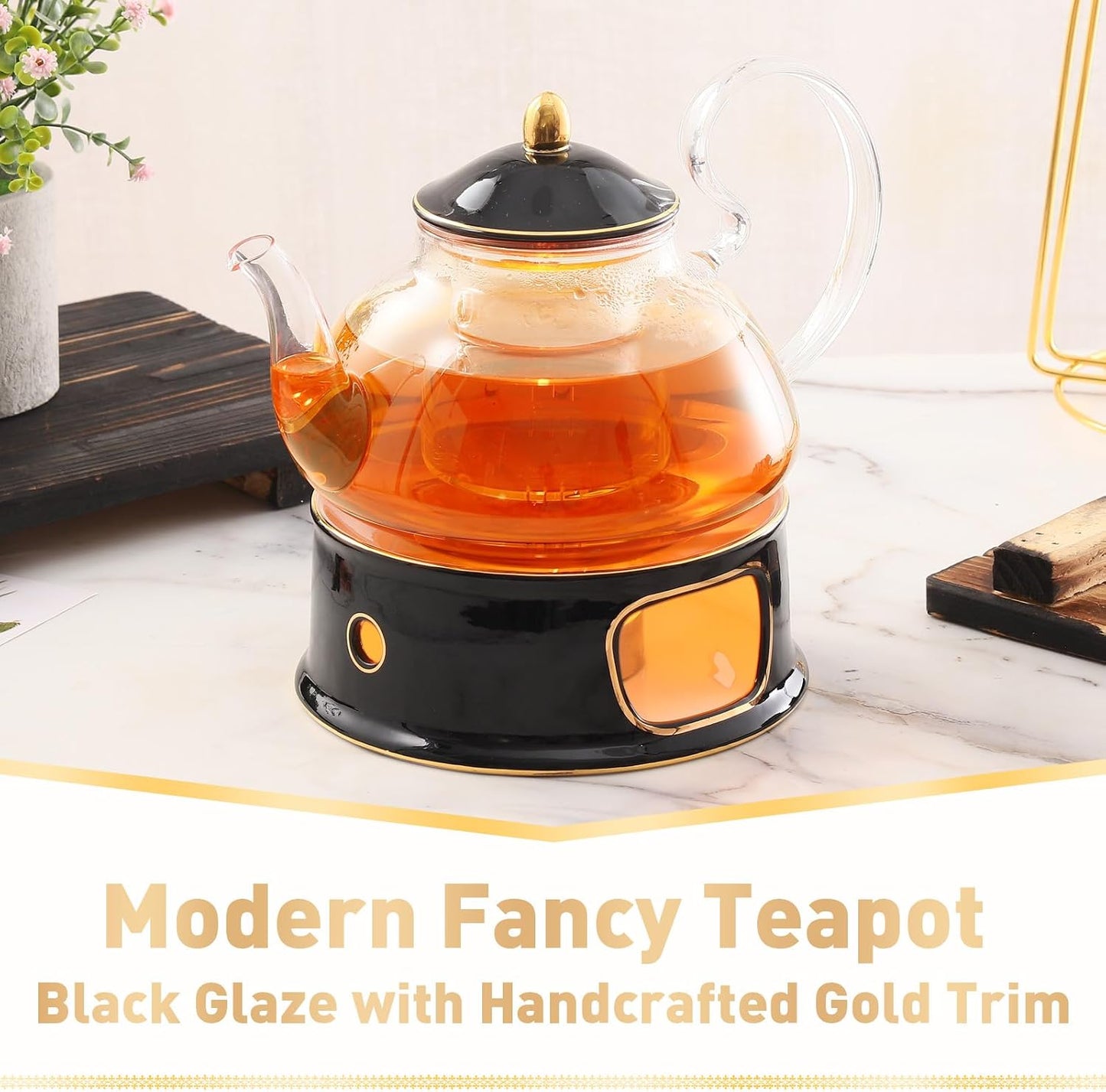 DUJUST Blooming Tea Pot Set, Luxury British Design with Relief Decor & Gold Trims, Hand-Crafted Clear Teapot with Warmer, 40oz Glass Teapot with Infuser, Stove-Safe Tea Party Gift & Home - Black