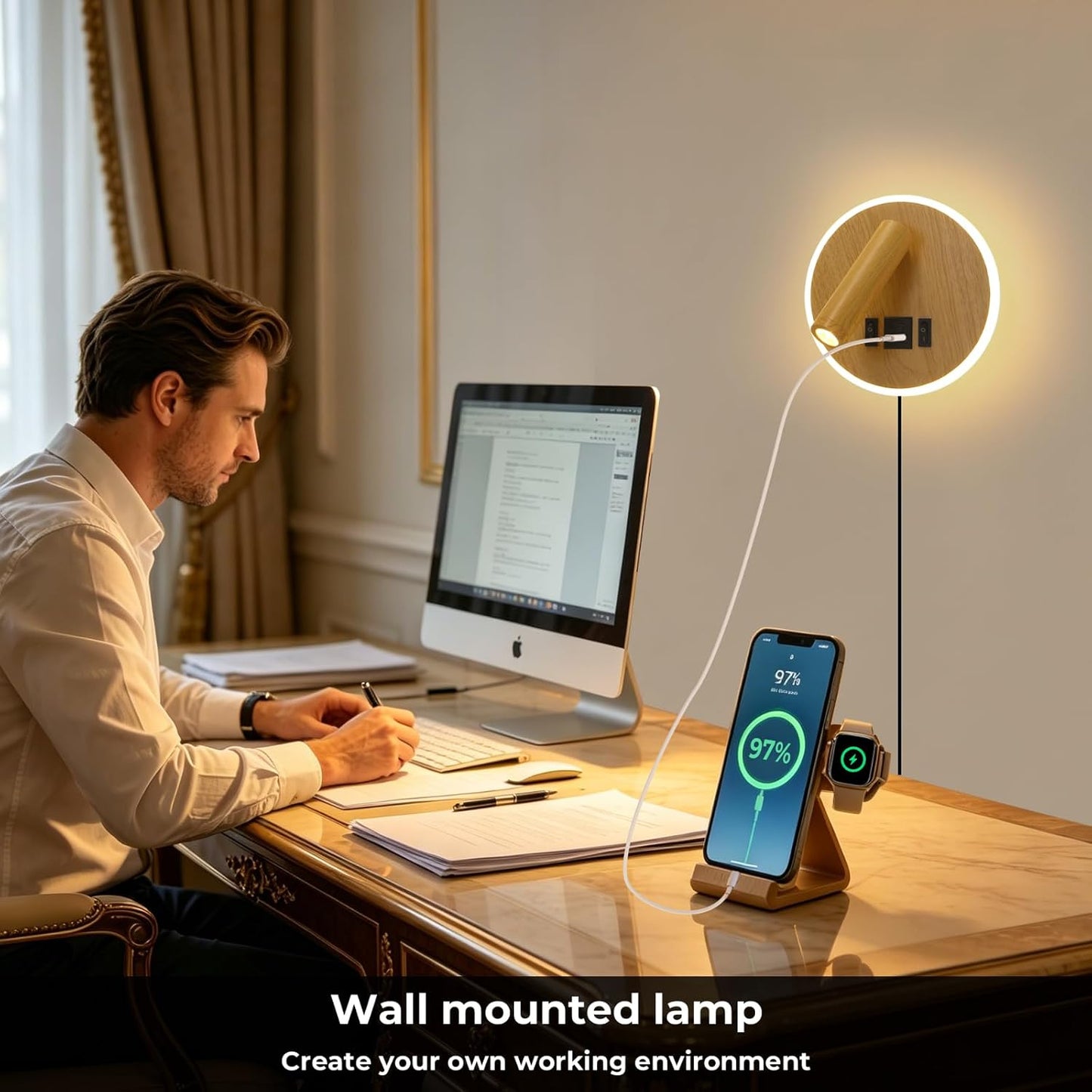 Plug in Wall Sconce with Wall Mounted Reading Lights with Switch | Wall Lamp for Bedroom with Charging Station USB C+A Ports,Bunk Bed Lights with 3W+9W Night Light,Walnut Color Reading Light