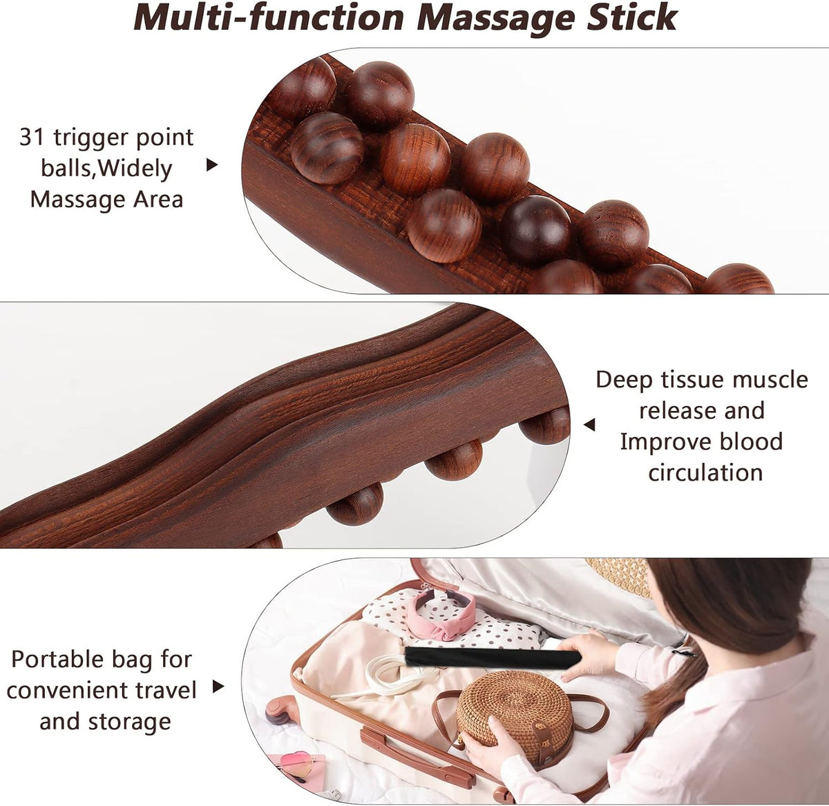 Guasha Wood Massage Stick Tools,31 Beads Back Massage Roller Stick,Lymphatic Drainage Massager for Body Shaping (31beads)