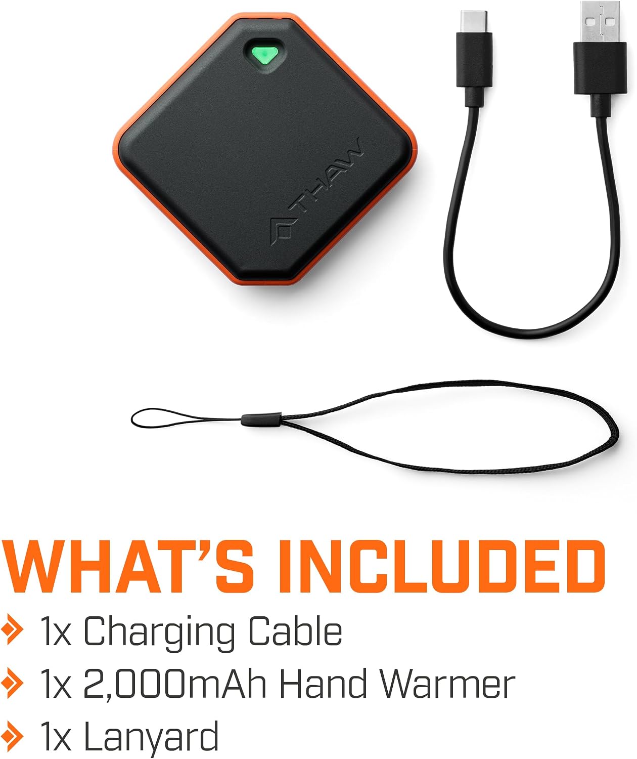 THAW Rechargeable Mini Hand Warmer | Double-Sided Heating, Up to 4 Hours, Rechargeable USB-C, Durable Impact-Resistant Construction, Integrated LED Light