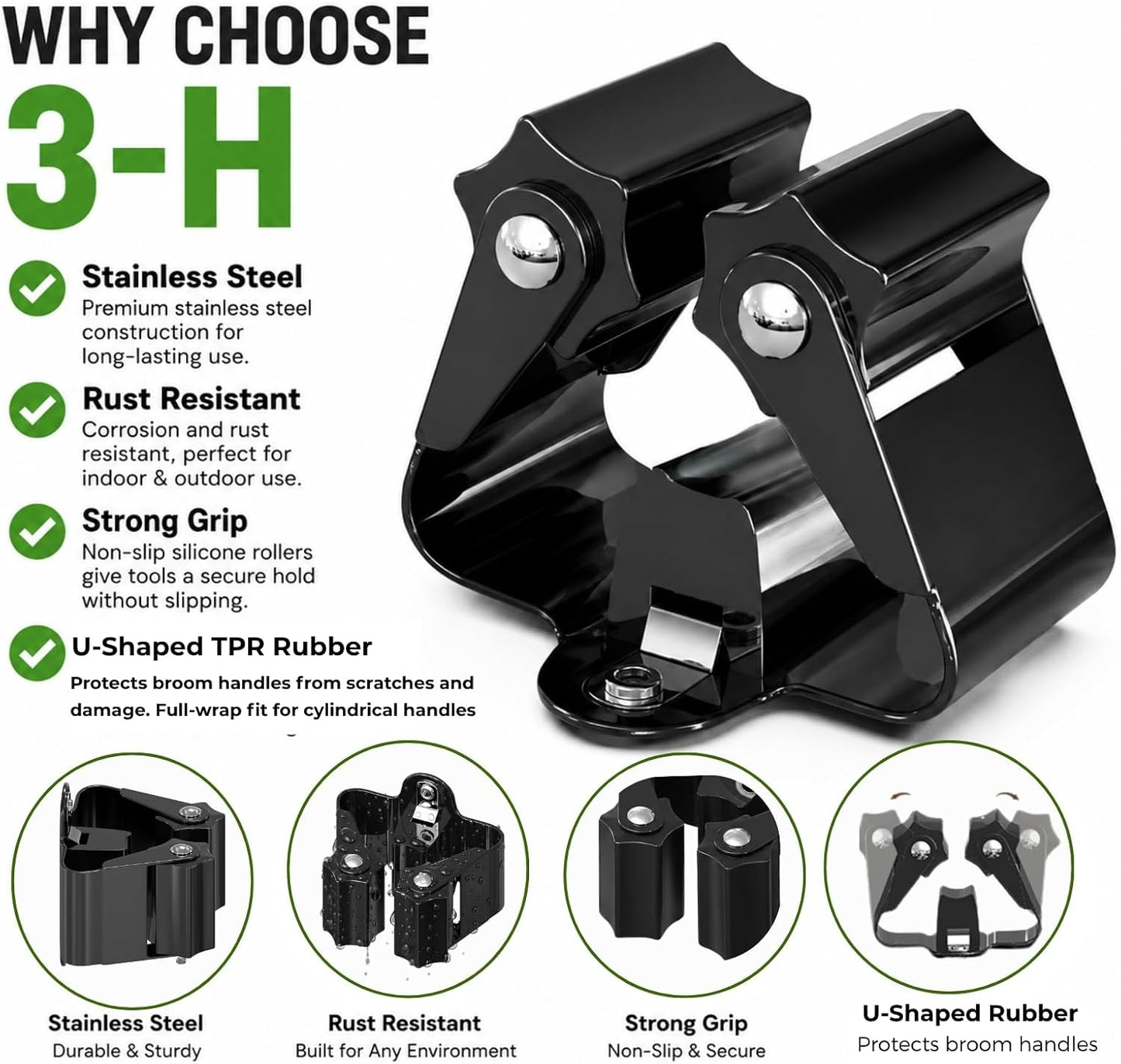 3-H Broom Holder Wall Mount 12 Pack, Heavy Duty Stainless Steel Mop and Broom Organizer Clips, Strong Grip Wall Mount Holders for Garage, Garden, Laundry Room & Utility Closet, Black