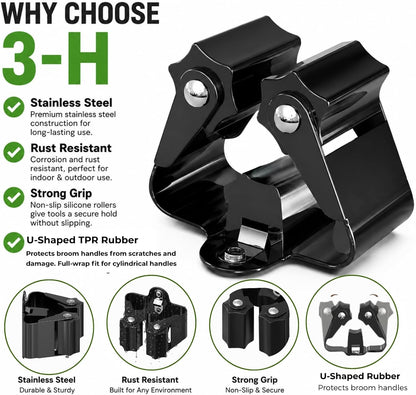 3-H Broom Holder Wall Mount 12 Pack, Heavy Duty Stainless Steel Mop and Broom Organizer Clips, Strong Grip Wall Mount Holders for Garage, Garden, Laundry Room & Utility Closet, Black