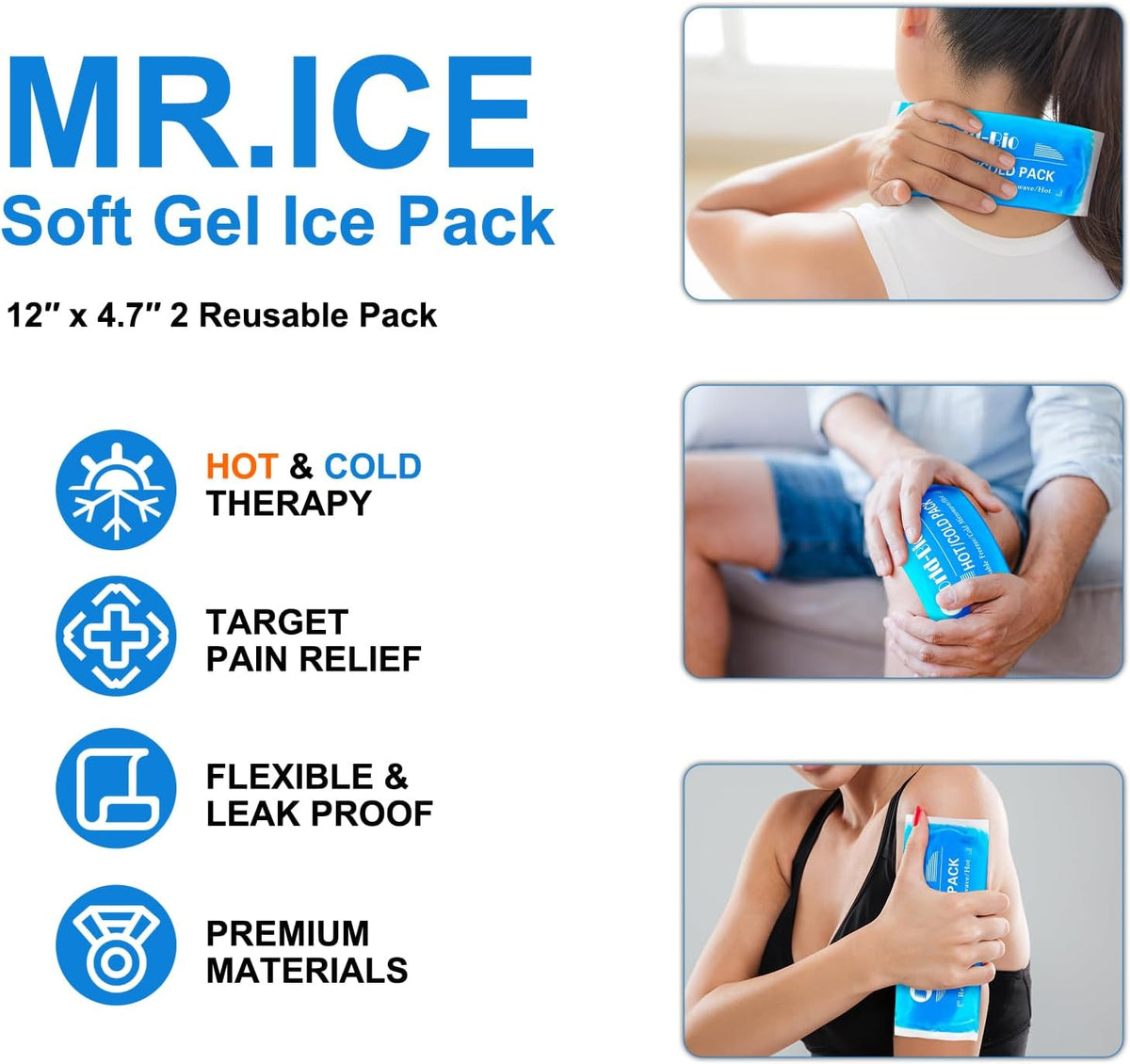 Ice Packs for Injuries Reusable Gel - Hot Cold Gel Ice Pack for Injury, Pain Relief, Rehabilitation - Flexible Ice Packs for Knee, Shoulder, Back, Neck, Wrist - 4.7" x 12.2"