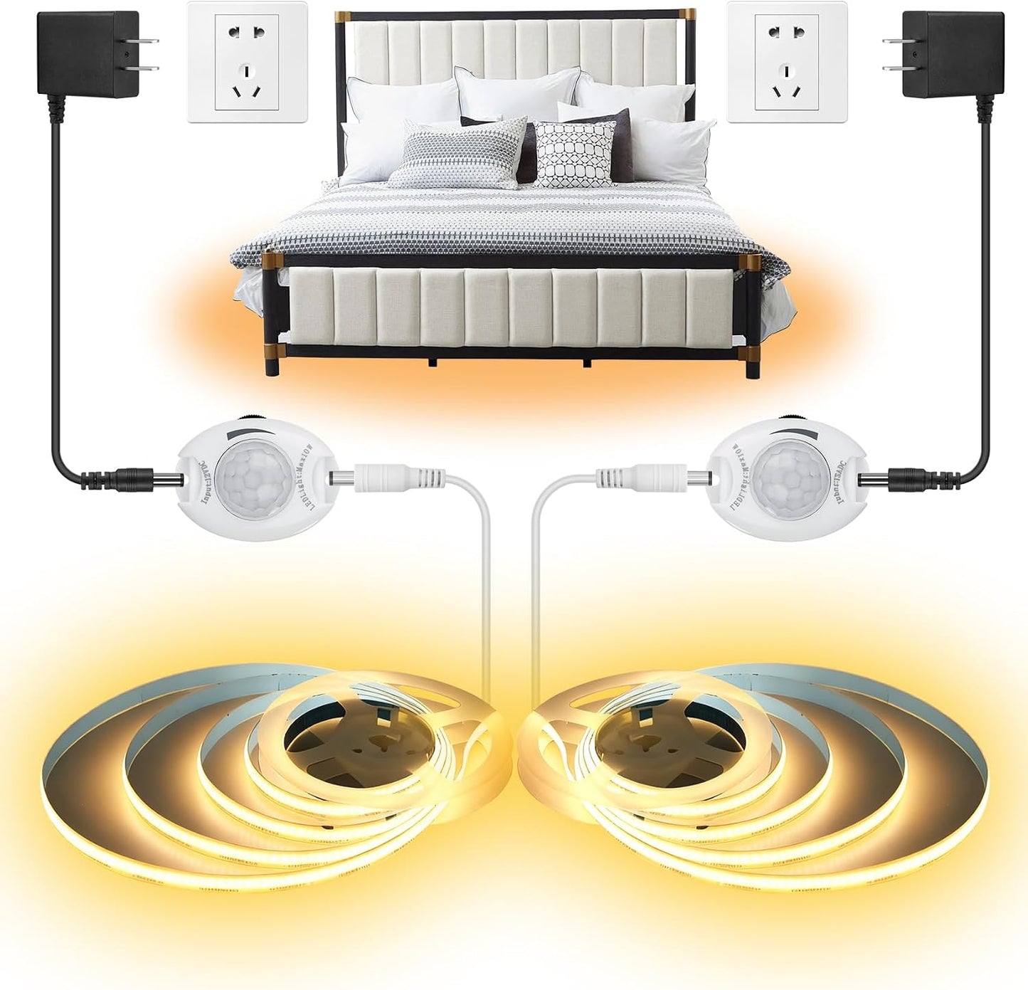 Motion Activated COB LED Strip Bed Lights Warm White,2-Packs 6.56Ft | COB Strips Motion Sensor Light Indoor, 12V Dimmable Auto On/Off Night Lights for Bedroom Under Cabinet Kitchen Closet Stairs