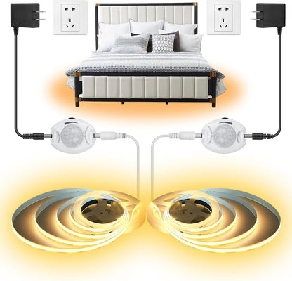 Motion Activated COB LED Strip Bed Lights Warm White,2-Packs 6.56Ft | COB Strips Motion Sensor Light Indoor, 12V Dimmable Auto On/Off Night Lights for Bedroom Under Cabinet Kitchen Closet Stairs
