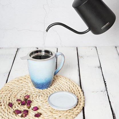Bosmarlin Ceramic Tea Cup with Infuser and Lid, 13.5 Oz, Loose Leaf Tea Steeper Mug with Strainer, Microwave and Dishwasher Safe, Reactive Glaze (13.5 Oz, Pale Green)