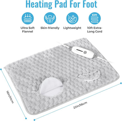 Electric Heated Foot Warmer Soft Flannel Foot Heater with 2h Auto Off & 3 Heat Levels Full Body Use Heating Pad for Feet, Abdomen, Cramps, Pain Relief Pocket Design 16" x 22" Light Grey