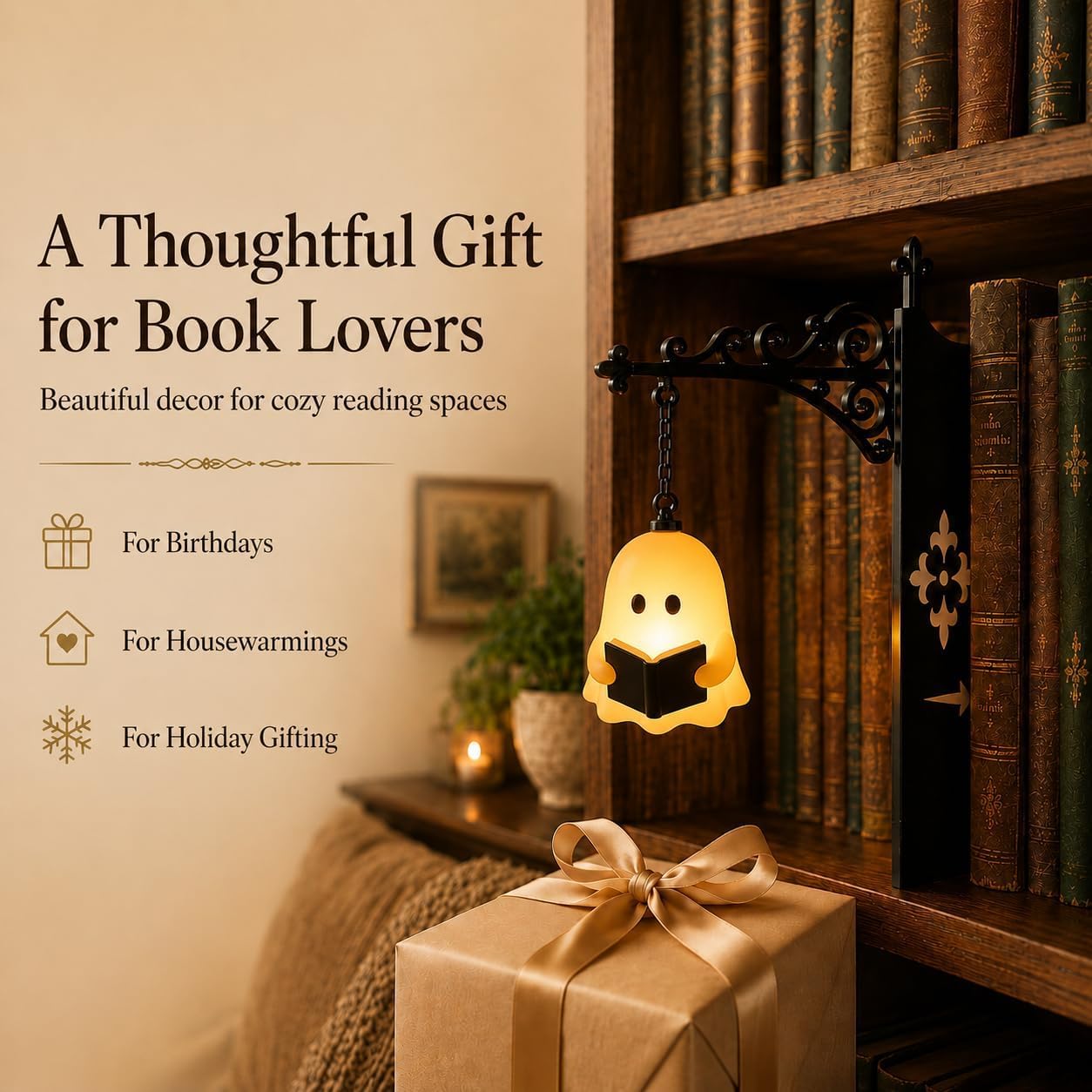 Library Lantern-Decorative Bookshelf Lighting, Mini Bookshelf Lamp Slides Between Books, Warm Amber LED Bookshelf Lights for Book Nook, Shelf Decor Gift for Book Lovers(Classic Lantern)