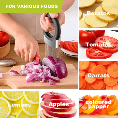 Onion Holder for Slicing, Onion Cutter with Stainless Steel soap Tomato Potato Slicer, Meat Tenderizer Tool, Convenient Grip Food Slicer Assistant, Food Slice Guide for Vegetable Fruit