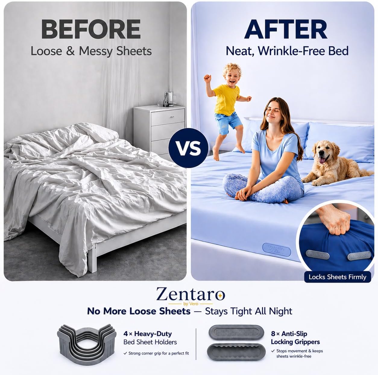 Bed Sheet Holders for Corners — 4-Pack Lock Fitted Sheet Holder Set with Sheet Straps & Easy Tucker Tool — Universal Bed Sheet Clips for All Mattress Sizes, Non-Slip ABS, White