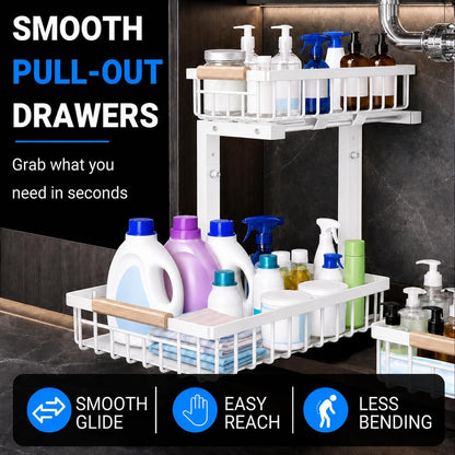 Under Sink Organizer 2 Pack, Double Slide Out Metal Shelf, Black | Pull Out Kitchen Storage Cabinet Organizer, 2-Tier Under Sink Storage Rack for Bathroom Laundry Kitchen Storage with Drawer