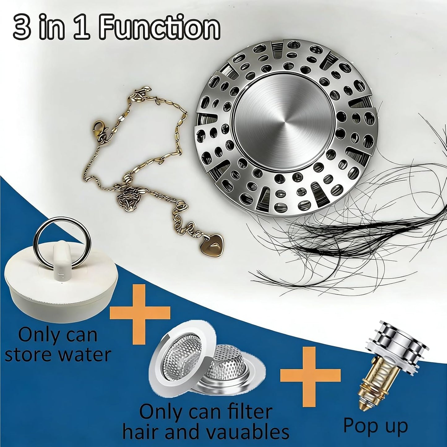 AzWzz Universal Tub Stopper Bathtub Drain Plug, Pop Up Tub Drain Hair Catcher, Drain Cover with Strainer, for 1-3/8 to 2in Bath Drain Hole