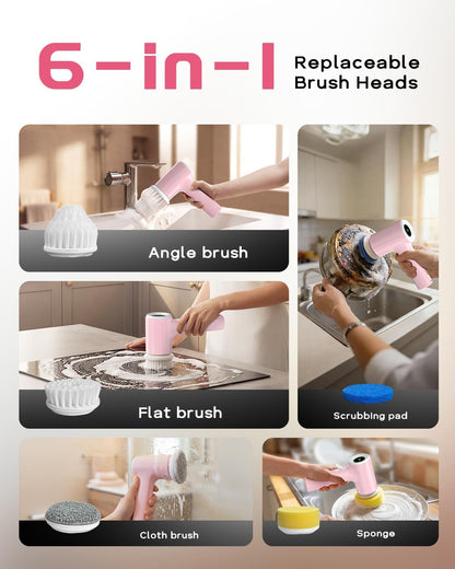 PUFTEM Electric Shower Scrubber, Cordless Bathroom Scrubber, Dual Direction | Dual Direction Cleaning, 6 Replaceable Brush Heads, IPX7 Waterproof, Kitchen, Grout, Tile, Tub, Sink and Corner Cleaning